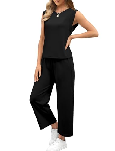 Two Piece Sets for Women Casual Travel Vacation Outfits Summer Wide Leg Crop Pants Lounge Sets