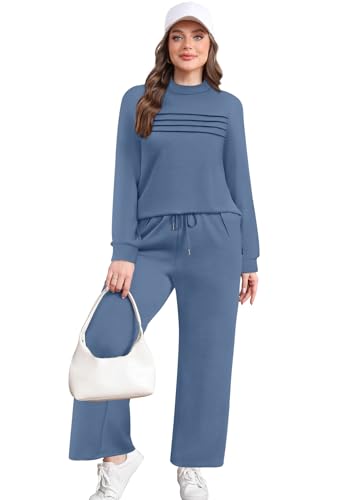 Two Piece Sets for Women Fall Travel Vacation Outfits Long Sleeve Lounge Sets Side Slit Wide Leg Pants S-3XL
