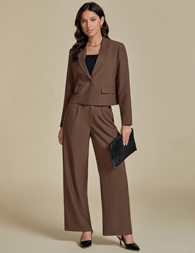 Suits for Women 2 Piece Sets Business Casual Outfits Dressy Cropped Blazer Wide Leg Pants Suit Office Work