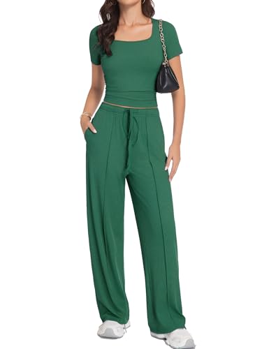 Women's Summer 2 Piece Outfits Square Neck Short Sleeve Tops High Waisted Wide Leg Pants Casual Matching Sets