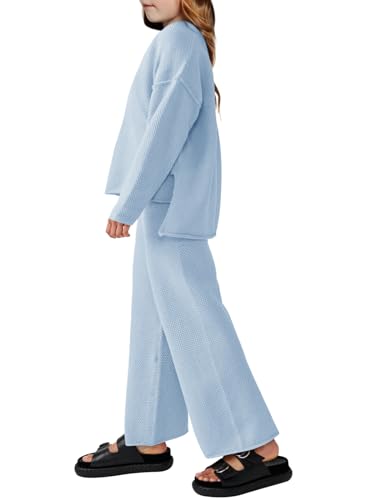 Girls 2 Piece Outfit Set Long Sleeve Button Knit Pullover Sweater Top and Wide Leg Pants Sweatsuit 5-14 Years