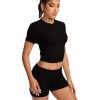Women Workout 2 Piece sets Short Sleeve Tops Slim Foldover Shorts Matching Gym Outfits Tracksuit