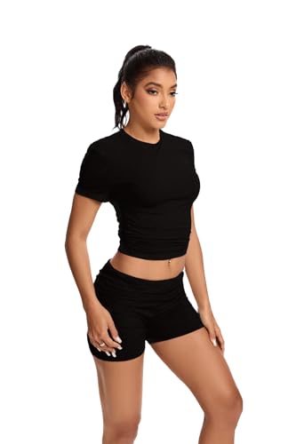 Women Workout 2 Piece sets Short Sleeve Tops Slim Foldover Shorts Matching Gym Outfits Tracksuit