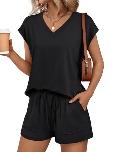 2 Piece V Neck Cap Sleeve Shirt and Shorts Set Womens Matching Summer Lounge Sets