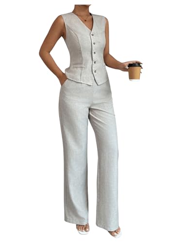 Women's 2 Piece Outfits V Neck Button Down Vest Tops and High Waisted Pants Set Office Work Suit