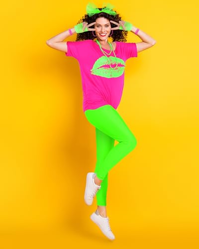 80s Women Costume Set, Lips Print off Shoulder T-shirt, Geometric Legging Pants Earring Necklace Gloves Bracelet