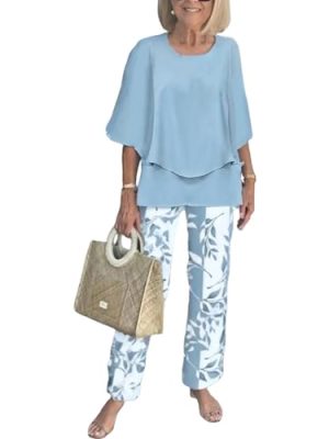 Women's 2 Piece Outfits Green 3/4 Sleeve Double Layer Top and Leaf Print Straight Leg Pants Lounge Set 2025 Trendy