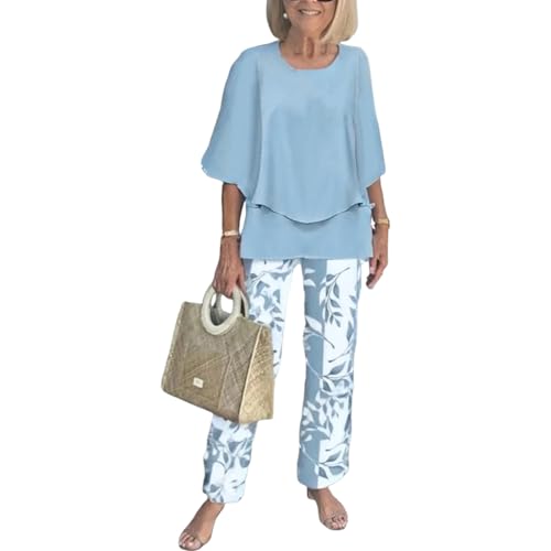 Women's 2 Piece Outfits Green 3/4 Sleeve Double Layer Top and Leaf Print Straight Leg Pants Lounge Set 2025 Trendy