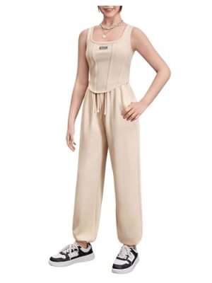 Girl's Letter Patchwork Asymmetrical Hem Crop Tank Tops & Waist Sweatpants 2 Piece Workout Sets