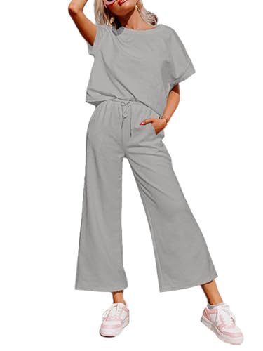 Womens 2 Piece Outfits Lounge Sets Short Sleeve Loose Fit Top and Wide Leg Pants Set Sweatsuits Tracksuit