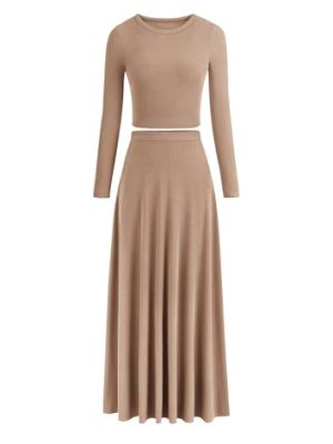 Women's Spring 2 Piece Outfits Dressy Casual Ribbed Knit Long Sleeve Crop Tops Maxi Flowy Skirts Matching Sets
