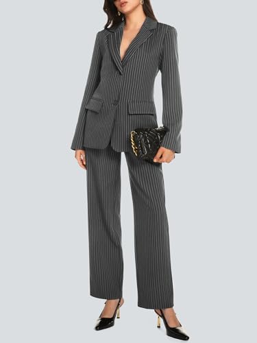 Women's 2 Piece Pant Suit Business Casual Outfits Striped Notched Collar Blazer Wide Leg Pants Sets