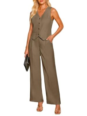 Pant Suits for Women Dressy Casual 2 Piece Sets Sleeveless Blazer Vest with High Rise Wide Leg Pants Work Office
