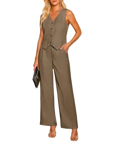 Pant Suits for Women Dressy Casual 2 Piece Sets Sleeveless Blazer Vest with High Rise Wide Leg Pants Work Office
