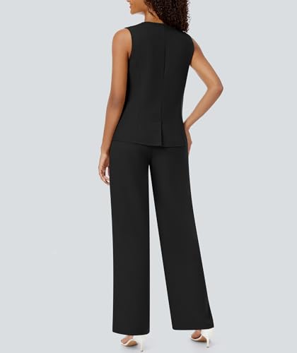 Women's 2 Piece Blazer Outfits Sleeveless Crewneck Vest Wide Leg Pantsuit 2025 Dressy Casual Work Sets
