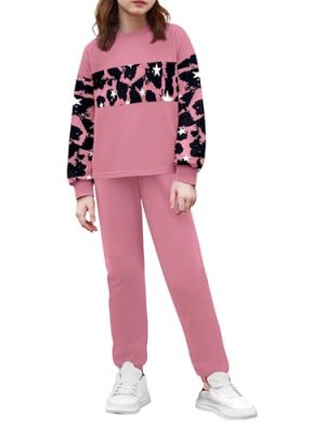 Girls Clothes Leopard Patchwork Sweatshirt Elastic Waist Sweatpants with Pockets 2PCs Girls' Clothing Sets