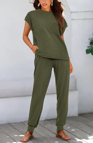 Women's Two Piece Tracksuit Outfits Summer Short Sleeve Tops Long Pants Jogger Lounge Matching Sets Sweatsuit