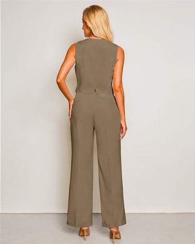 Pant Suits for Women Dressy Casual 2 Piece Sets Sleeveless Blazer Vest with High Rise Wide Leg Pants Work Office
