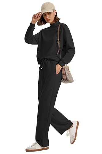 Two Piece Sets for Women Fall Outfits Lounge Sets Mock Neck Tops Wide Leg Pants Vacation Travel Airport Outfits