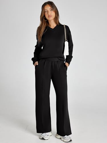 Women's 2 Piece Sweatsuits Sets Long Sleeve Pullover Tops Wide Leg Pants Casual Lounge Sweat Sets Fall Outfits
