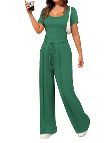 Women's Summer 2 Piece Outfits Square Neck Short Sleeve Tops High Waisted Wide Leg Pants Casual Matching Sets