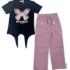 Girls' two-piece clothing set with butterfly pattern short sleeved T-shirt and work pants set