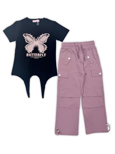 Girls' two-piece clothing set with butterfly pattern short sleeved T-shirt and work pants set
