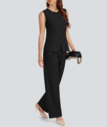 Women's 2 Piece Blazer Outfits Sleeveless Crewneck Vest Wide Leg Pantsuit 2025 Dressy Casual Work Sets