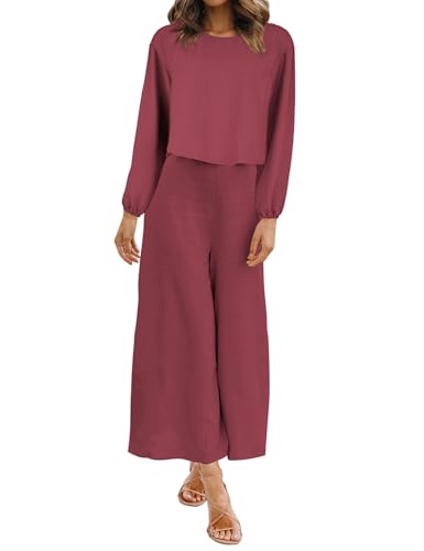 Women's Summer 2 Piece Outfits Round Neck Crop Basic Top Cropped Wide Leg Pants Set Jumpsuits