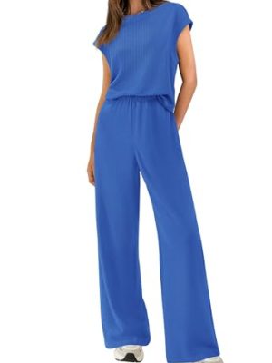 Women Two Piece Outfits Summer Short Sleeve Knit Tops Wide Leg Pants Lounge Matching Sets Sweatsuit Airport