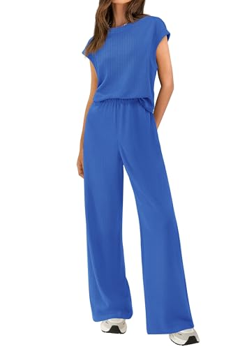 Women Two Piece Outfits Summer Short Sleeve Knit Tops Wide Leg Pants Lounge Matching Sets Sweatsuit Airport