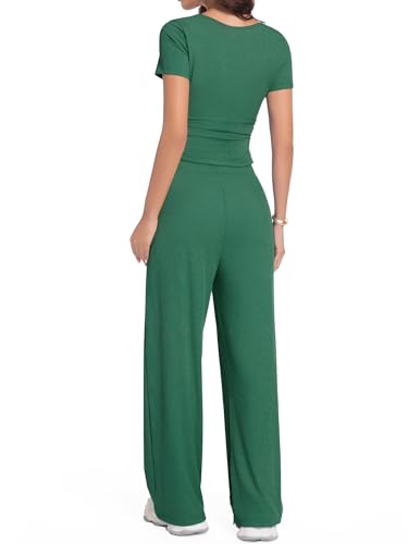 Women's Summer 2 Piece Outfits Square Neck Short Sleeve Tops High Waisted Wide Leg Pants Casual Matching Sets