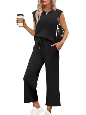 Two Piece Sets for Women Casual Travel Vacation Outfits Summer Wide Leg Crop Pants Lounge Sets