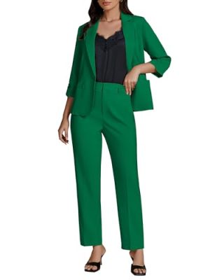 Pant Suits for Women Dressy 2 Piece Business Casual Outfits 3/4 Sleeve Blazer Straight Leg Pant Sets Office Work