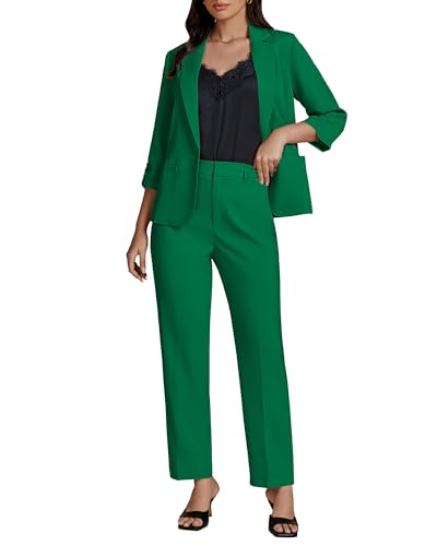 Pant Suits for Women Dressy 2 Piece Business Casual Outfits 3/4 Sleeve Blazer Straight Leg Pant Sets Office Work