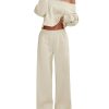 Women's 2 Piece Outfits Fall Sweatsuits Off The Shoulder Crop Top Wide Leg Sweatpants Casual Matching Lounge Sets Pure Apricot