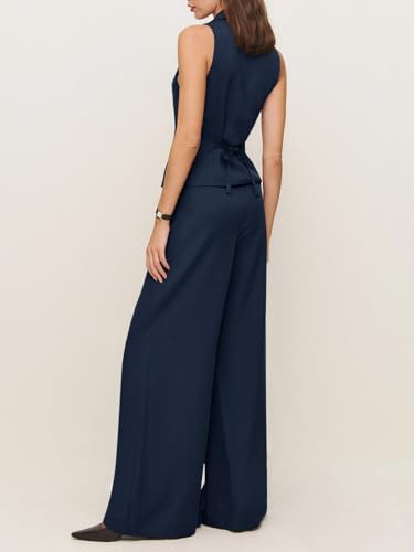 Womens Vest Sets Summer 2 Piece Outfits Button Crop Blazer Vest and Wide Leg Pant Suits