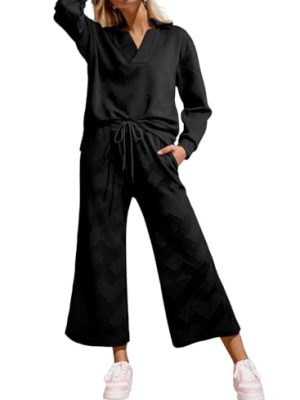 2 Piece Sets for Women Collared V Neck Long Sleeve Polo Shirts Tops Lounge Set Tracksuits Sweatsuits