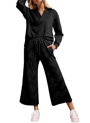 2 Piece Sets for Women Collared V Neck Long Sleeve Polo Shirts Tops Lounge Set Tracksuits Sweatsuits