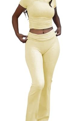 Women's 2 Piece Lounge Outfits Slim Short Sleeve Tops Low Rise Flare Leggings Sets Yoga Sweatsuit