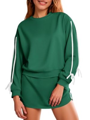 Womens 2 Piece Outfits Casual Crewneck Tie Sweatshirt High Waisted Running Skort Skirts Workout Tracksuit Sets