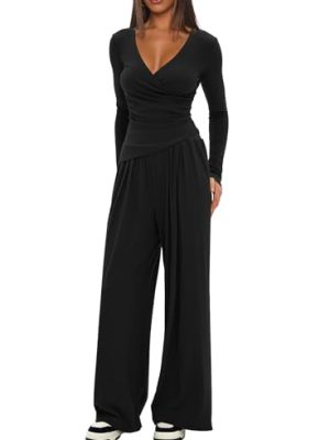Women's 2 Piece Lounge Fall Outfits Sets Warp V Neck Short/Long Sleeve Shirts and Wide Leg Pants Casual Matching Sets