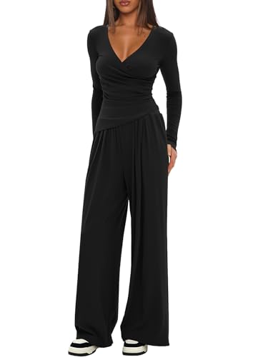 Women's 2 Piece Lounge Fall Outfits Sets Warp V Neck Short/Long Sleeve Shirts and Wide Leg Pants Casual Matching Sets