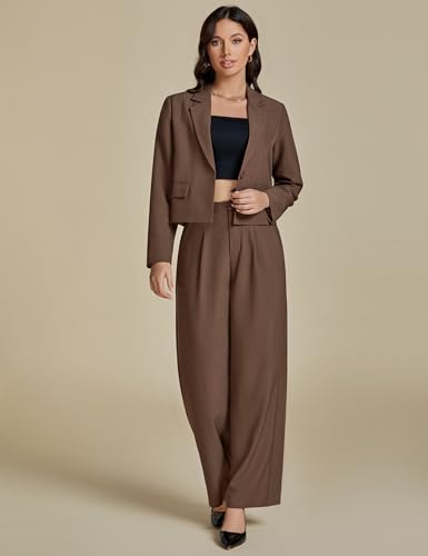 Suits for Women 2 Piece Sets Business Casual Outfits Dressy Cropped Blazer Wide Leg Pants Suit Office Work