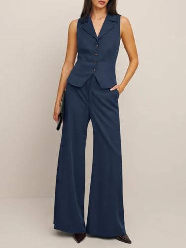 Womens Vest Sets Summer 2 Piece Outfits Button Crop Blazer Vest and Wide Leg Pant Suits