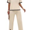 Womens 2 Piece Outfits Summer Sweater Sets Short Sleeve Knit Pullover Tops Wide Leg Pants Lounge Sets Tracksuits