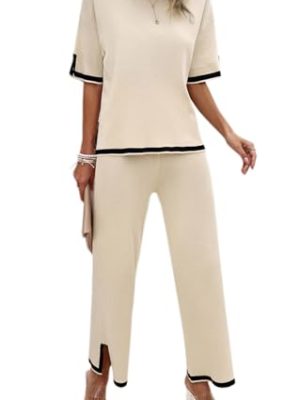 Womens 2 Piece Outfits Summer Sweater Sets Short Sleeve Knit Pullover Tops Wide Leg Pants Lounge Sets Tracksuits