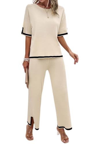 Womens 2 Piece Outfits Summer Sweater Sets Short Sleeve Knit Pullover Tops Wide Leg Pants Lounge Sets Tracksuits