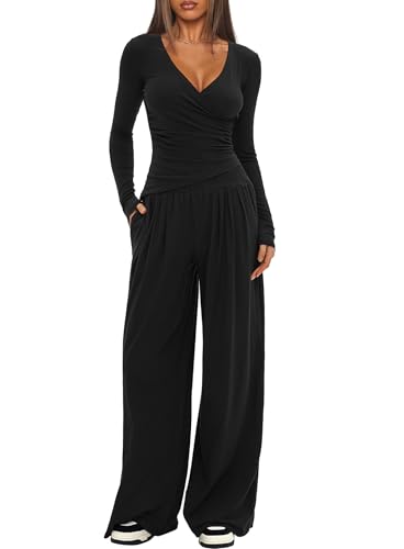 Women's 2 Piece Lounge Fall Outfits Sets Warp V Neck Short/Long Sleeve Shirts and Wide Leg Pants Casual Matching Sets
