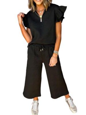 2 Piece Sets Outfits for Women V Neck Collared Ruffle Short Sleeve Polo Shirts Quarter Zip Pullover Tops Lounge Set